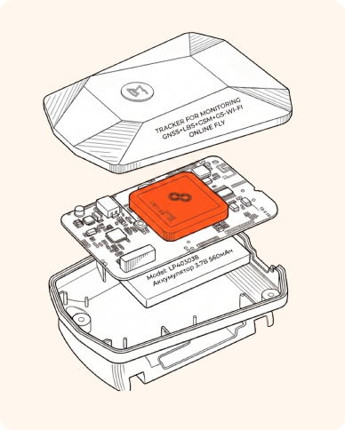 Схема компактного трекера для БПЛА: корпус, плата и аккумулятор