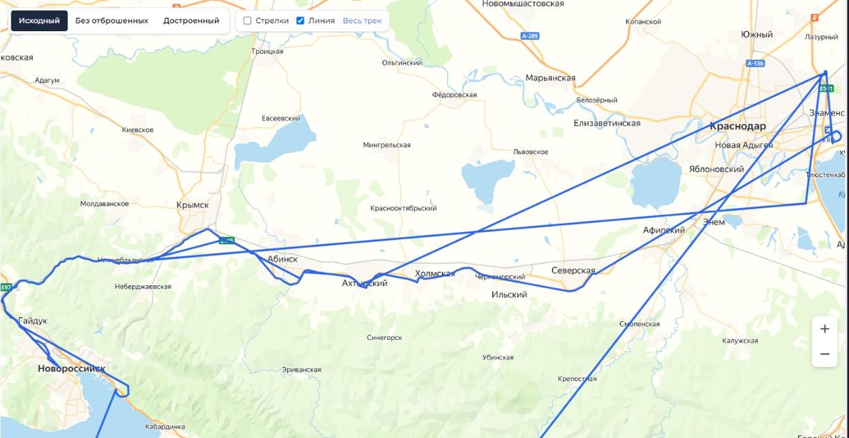 Новороссийск — Краснодар, исходные сырые координаты до реставрации